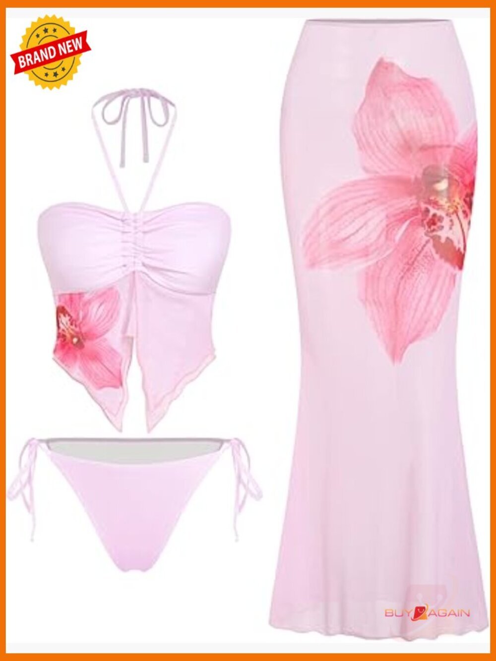 3 Piece Bikini Set with Sheer Cover Up Skirt Halter Bandeau Swim